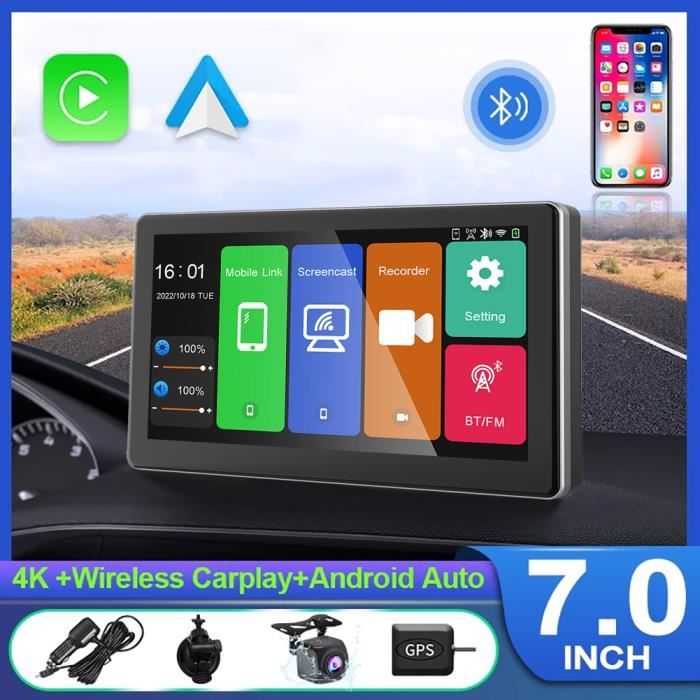 Caméra de Voiture 4K (3840x2160P)+1080P GPS WIFI avant et arrière avec écran 7'', Carplay Android Auto, Capteur G