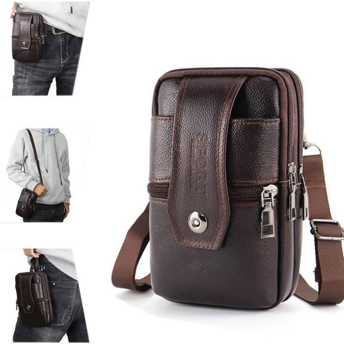 Pochette t?�l?�phone portable - LEOCLOTHO - Homme - Cuir v?�ritable - Bandouli?�re r?�glable - Marron 