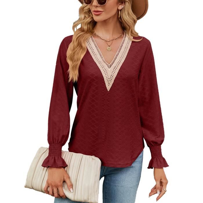 Pull Femme Col V Avec Dentelle Manches Longues Casual Pullover L che Tops Couleur Contraste Pour Printemps Et Automne Taille EU