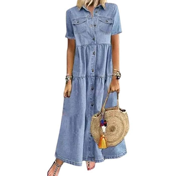 Minetom Femme t Denim Robe Col V Manche Courte Tunique Robe