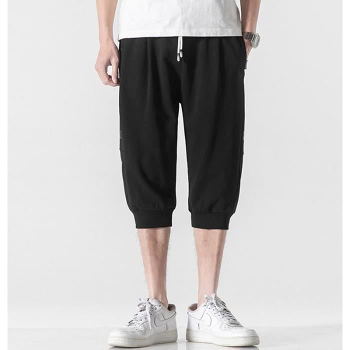 Pantacourt Homme Loose Fit Taille Elastiquee Casual Pantalon Court Stretch Bord Cotele au bas Couleur Unie Noir Noir Cdiscount Pret a Porter