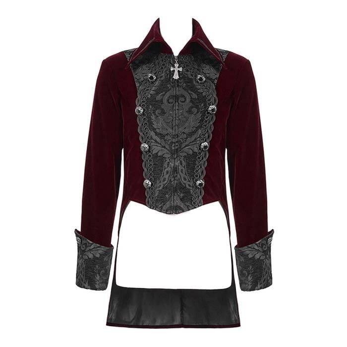 Veste homme en velours rouge, avant noir motifs ?�l?�gants baroques, gothique aristocrate Noir 