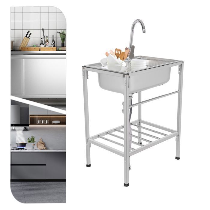 Évier de cuisine mobile en acier inoxydable - 60 × 45 × 75 cm - avec robinet avec tuyaux deau