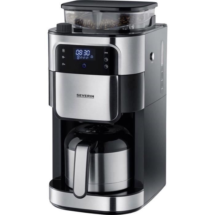 SEVERIN KA4814 Cafetière avec broyeur, Machine à café programmable, Cafetière filtre avec verseuse isotherme 8 tasses, Noir/Inox