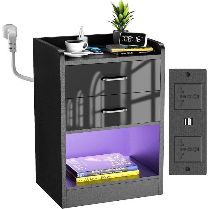 VASAGLE Table De Chevet, Avec Bande LED Multicolore Réglable, 3 Tiroirs