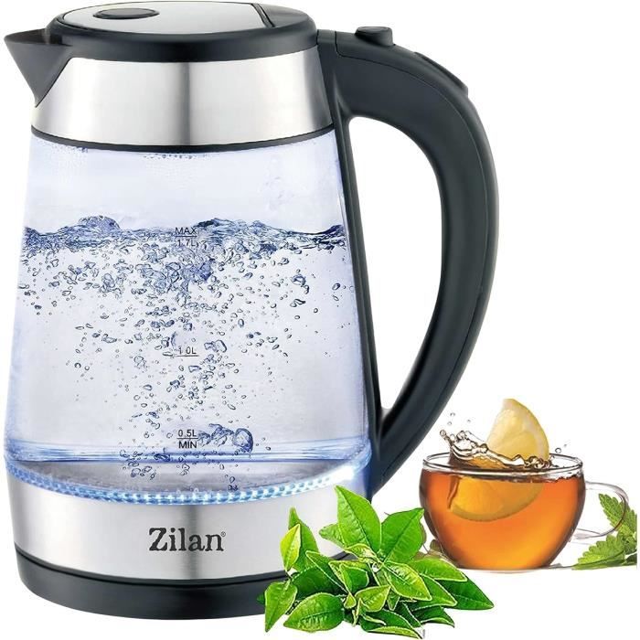 Zilan, Bouilloire en verre et acier inoxydable - 2200 W - 1,7 l - Éclairage LED bleu - 360 Zilan, Bouilloire en verre et acier inoxydable - 2200 W - 1,7 l - Éclairage LED bleu - 360