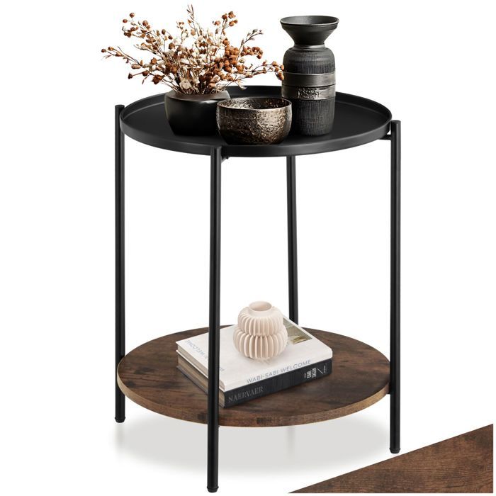 Table basse - TECTAKE - Table dappoint ronde SUNDERLAND style industriel en bois MDF avec 2 étages Ø 455 x 545 cm - Bois foncé