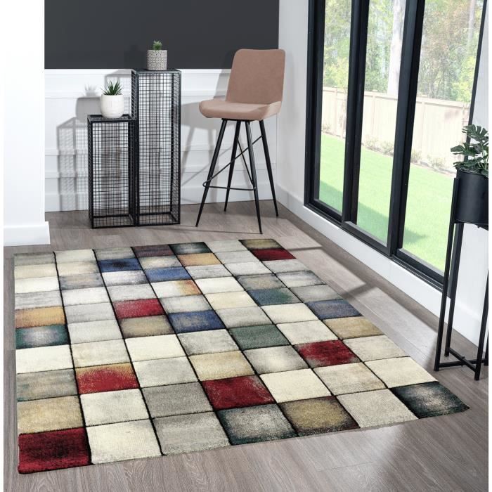 the carpet Monde Deluxe Tapis de salon à poils courts, multicolore, bleu, blanc, rouge, gris, or, motif carré 160 x 230 cm