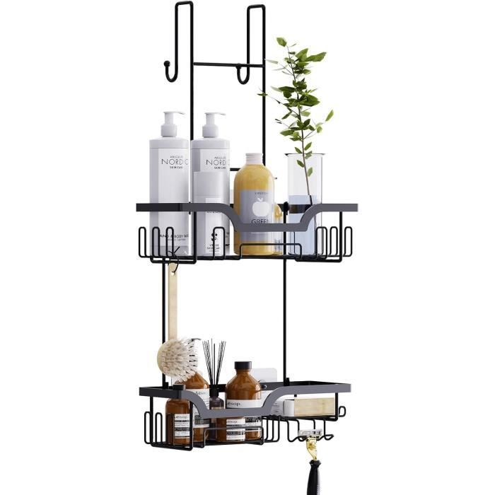 Étagère Douche Yoillione Sans Percage - Suspension Sur Verre Avec Crochets - Rangement Shampoing Et Accessoires - Noir Mat