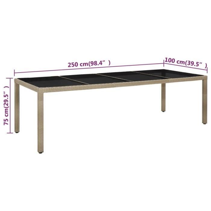 Table de jardin - VIDAXL - Beige - 250x100x75 cm - Verre trempé - Résine tressée