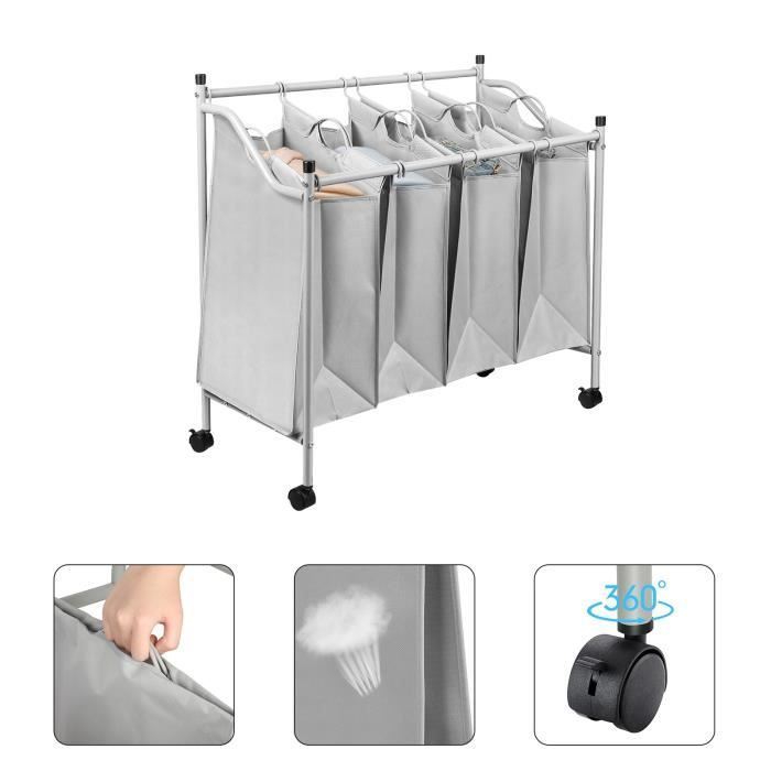Panier à Linge avec 4 Sacs Amovibles Gris, Willonin® Chariot mobile avec roulettes de Buanderie Chambre, Corbeille Stockage de jout