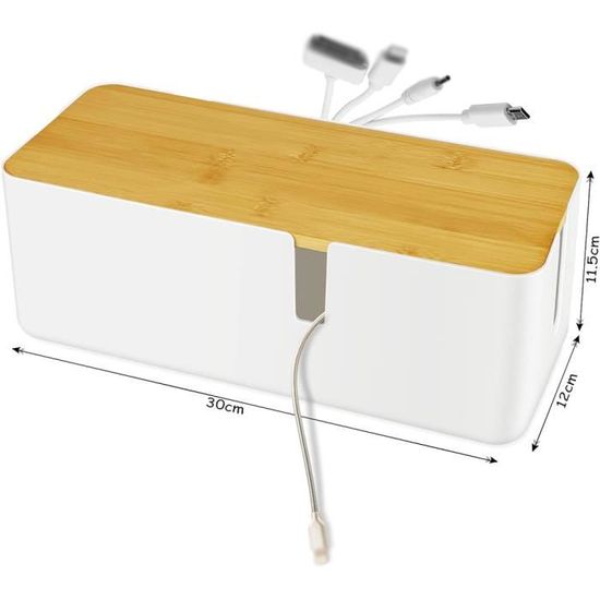 Boîte Rangement Câbles Bambou – Organiseur Multiprise & Câbles Bureau – Couvercle Bois Naturel Ignifugé