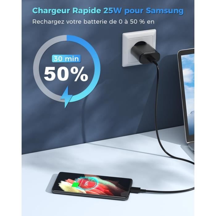 Chargeur Rapide Samsung 25W Double Port USB-C + Câble 2-en-1 - Compatible Galaxy, IPhone, IPad
