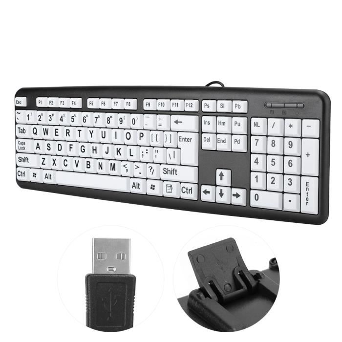 Clavier basse vision, clavier pour personnes âgées filaire USB avec touches  blanches à gros caractères, clavier à grandes touches, clavier filaire  compact portable pour ordinateur portable/PC(Noir) : : Informatique