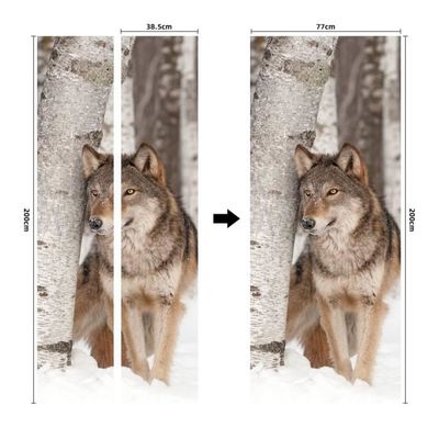 Sticker Porte Loup Forêt Neige 83x204cm - Décor 3D PVC Amovible Sans Trace