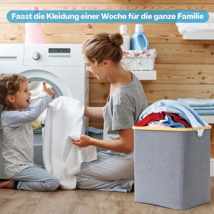 Panier à Linge étroit En Bambou Gris 70 L Avec Couvercle - Poignées