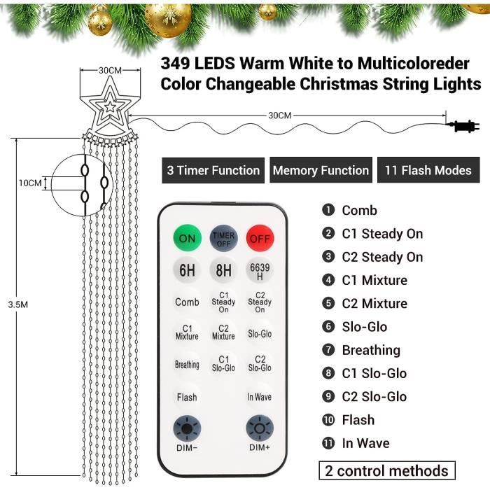 GlobaLink 349 LED Guirlande Lumineuse Sapin de Noël avec Etoile IP65  Etanche Guirlande Led Blanc Chaud et Multicolore, 11 Modes Télécommande,  Noël