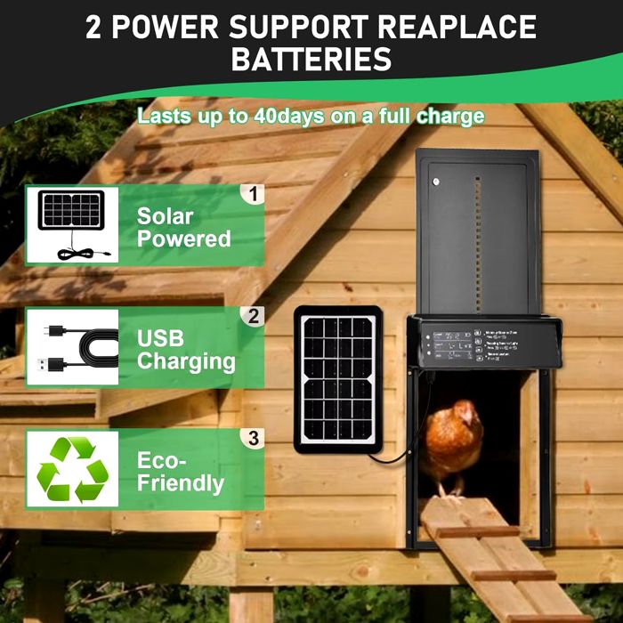 Porte automatique de poulailler PRO - Alimenté solaire avec écran LCD - Capteur de lumière et Porte automatique de poulailler PRO - Alimenté solaire avec écran LCD - Capteur de lumière et