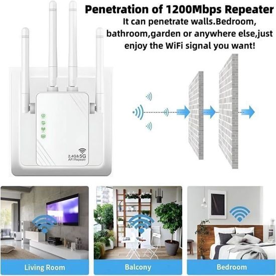 Répéteur WiFi Double Bande 1200 Mbps - 6 Antennes, 2 Ports LAN, Compatible Toutes Box, élimine Les Zones Mortes à La Maison Répéteur 6 Antennes Port LAN