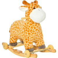Jouet à bascule girafe et porteur sur roulettes 2 en 1 fonction sonore mugissement  bois peuplier peluche courte polyester tacheté