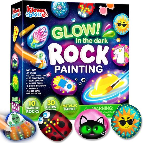 Klever Kit De Peinture Sur Pierres – 10 Roches, 18 Peintures, Paillettes Et Autocollants – Dès 3 Ans