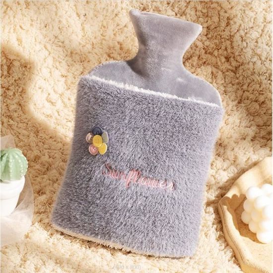 Bouillotte Eau Chaude 2L + Housse Peluche Ultra-Douce Grise – Soulage Douleurs, Chaud Longue Durée, Idéale Hiver Adultes & Enfants