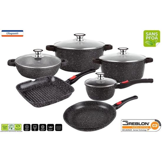 Cflagrant Faitout Pierre 28 Cm Avec Couvercle Verre – Tous Feux Induction – Revêtement Greblon C3 Allemand Sans PFOA – Cuisson Sans Graisse