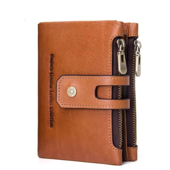 Portefeuille Homme Cuir Véritable Bifold Double Zip – Grande Capacité, Café, Multiples Emplacements Cartes & Billets