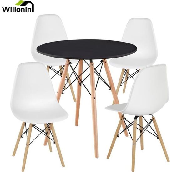 Ensemble Table Noir + 4 chaises Blanc - Willonin® - Polyvalent pour salle à Manger, balcon, Café et jardin