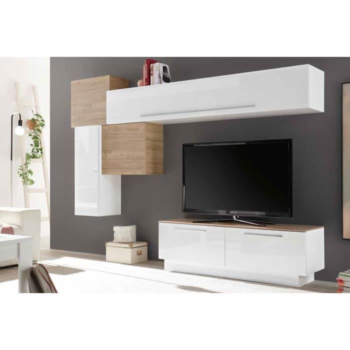 LUDOVICA 10 LAQUE BLANC ET NOYER ENSEMBLE COMPOSITION MURALE MEUBLE TV TENDANCE