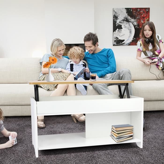 Table basse contemporaine plateau relevable avec l'espace de stockage 100 x 50 x 48.5 cm décor bois et blanc Mat