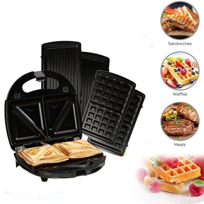 Gaufrier électrique 3 en 1 Grille-pain Sandwich Waffles Grill 3 Plaques cuission appareil croque-monsieur gaufrettes 700W SINBIDE®