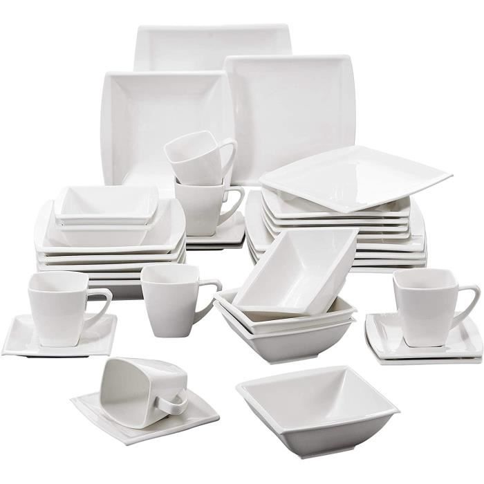 Malacasa Blance 36pcs Service de Table Services à Café 6pcs x Tasses Souscoupes Assiette à Dessert Creuse Plate Bol pour 6 Personnes