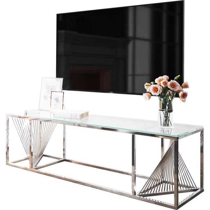 Meuble tv design en acier inoxydable poli argenté et verre trempé L. 160 x P. 45 x H. 45 cm collection BOLZANO Argenté, Transparent