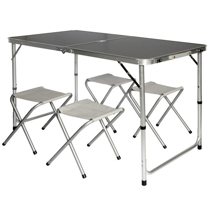 Table de camping pliable réglable en hauteur 120x60x70cm incl. 4 Tabourets pliants Format mallette Gris foncé