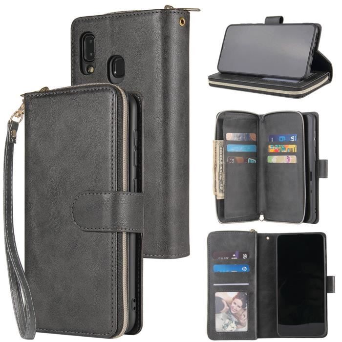 Portefeuille à fermeture éclair à 9 cartes Coque Samsung Galaxy A20e,avec Porte Cartes & Poche à Monnaie Zippé - Noir