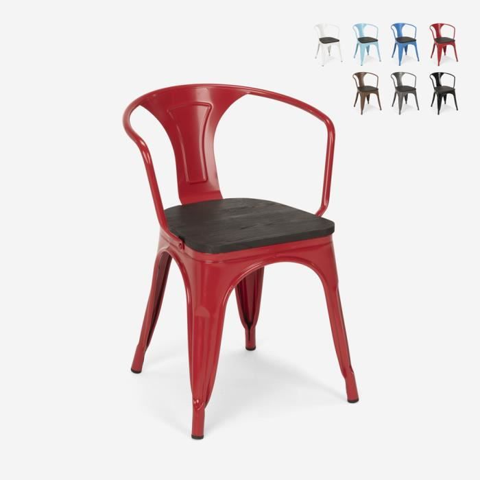 Chaises design industriel en bois et métal de style Tolix Cuisines de bar Steel Wood Arm, Couleur: Rouge