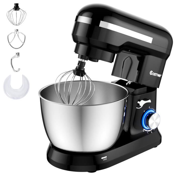 COSTWAY Robot Pâtissier 1300W avec Bol 4,5L en Acier Inox Batteur Electrique à 8 Vitesses Réglables avec Batteur,Fouet,Crochet Noir