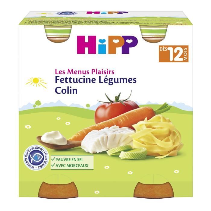 HIPP BIOLOGIQUE les menus plaisirs Fettucine légumes colin Bio - 2x250 g - Dès 12 mois