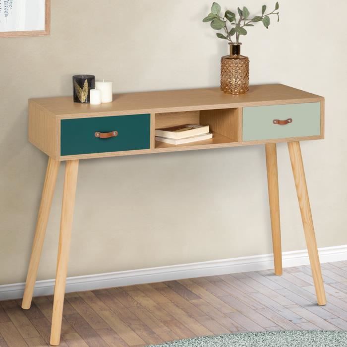 IDMARKET Console scandinave ALIZE 2 tiroirs bois et vert