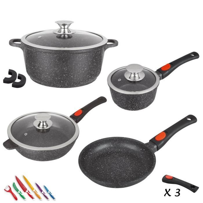 Kamberg - Set Lot Batterie de cuisine 10 pièces - Fonte d'aluminium - Revêtement pierre - Tous feux dont induction
