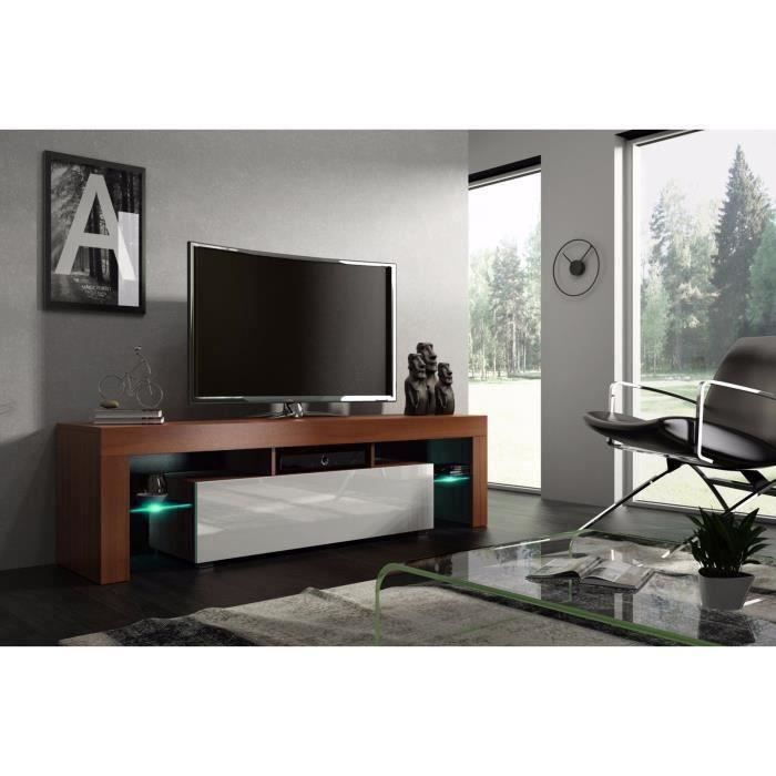 Meuble tv 160 cm noyer MDF et blanc laqué avec led