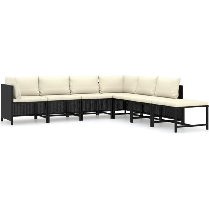 Salon de jardin 7 pcs avec coussins Résine tressée Noir