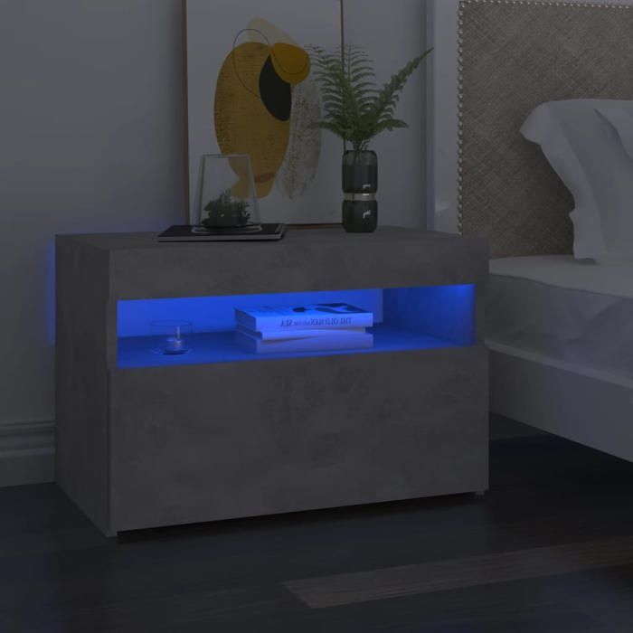 NEW Lot de 2 Chevets Table de chevet contemporaine avec lumières LED - gris béton 60x35x40 cm 23000