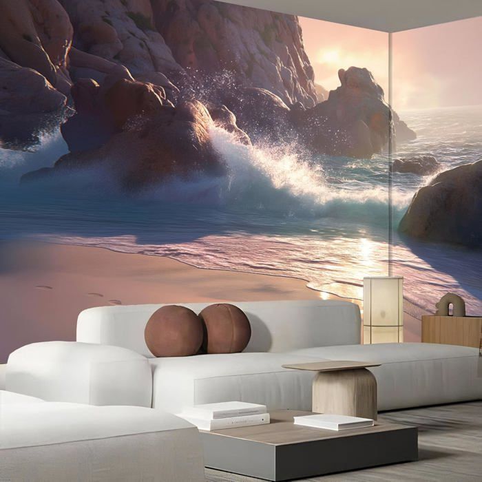 Tapisserie CEVAN Vagues Et Rochers 350x250 Cm - Tenture Murale Verte Blanche, Imprimé HD Moderne, Polyvalente