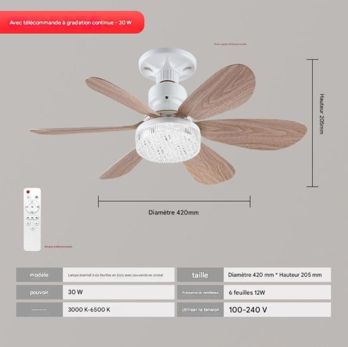 Ventilateur lumineux Ventilateur lumineux à six pales 30W 42 cm pales en grain de bois couvercle en cristal avec support de lampe - Nobrand