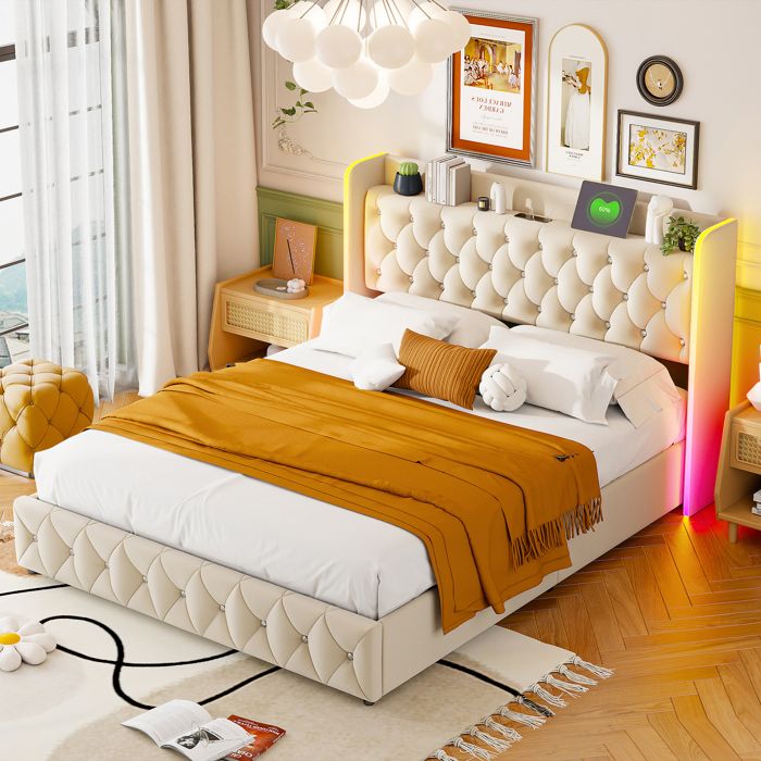 Lit coffre 140x200 avec Sommier Lit adulte Led avec USB et Type-C lit capitonné cadre de lit double Beige