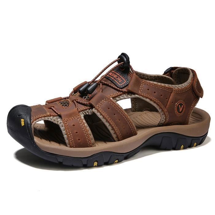 Sandales Homme Cuir Scratch Bout Fermé INSFITY - Randonnée Crochet Boucle Plein air Antidérapante Brun fonce#38