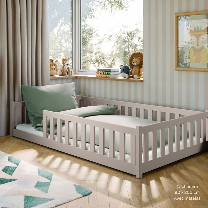 Lit au sol enfant 90x200 cm - Matelas INCLUS - Avec sommier + barrière de lit - Lit Montessori enfant - Pin massif - Cachemire