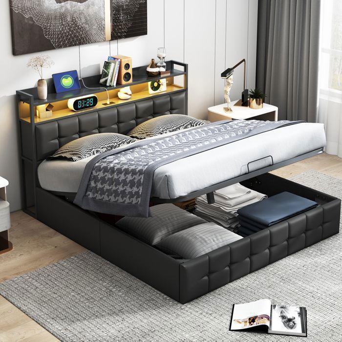 Lit Coffre 140×200 cm avec LED Lit Double avec Sommier à Lattes Tête de Lit avec Prise USB et Type-C Tissu en PU Noir